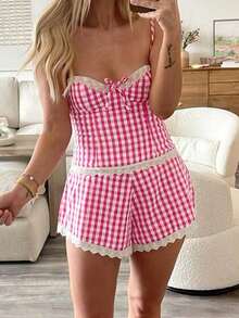 Mujeres 2 piezas de pijamas conjunto estampados cuadros encaje adornos camisola y pantalones cortos elásticos para ropa de salón ropa de dormir suave - Rosa Fucsia - Ver 2