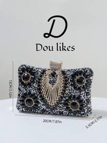 Black Rhinestone Embellished Women's Evening Bag, Featuring Elegant Chunky Pearls, Exuding A Sophisticated And Luxurious Vibe. Suitable For Formal Occasions, Cocktail Parties, Galas, And Weddings. Can Be Paired With Evening Gowns, Bridesmaid Dresses, And Accessorized With Shoulder, Crossbody, Or Chain Strap Handbags.