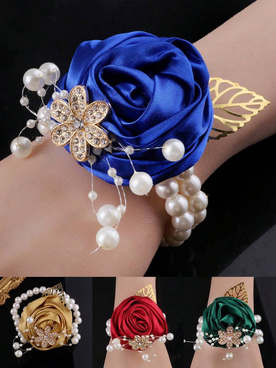 5pcs Navy Blue Bridesmaid Wrist Corsage Set, Weddings Gold Leaf & Pearl Elastic Wrist Flower Accessories Valentine's Day Accessories - Wrist Flower - View 1