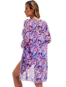 Full Print String Bikini With Beach Cover Up Kimono 3-Pieces Geometric Print Bikini Sets, V Neck Boxer Short Bottom With Cover Shirt Long Sleeves Swimsuit, Women's Swimwear & Clothing Valentine's Day - 紫色 - 查看 6