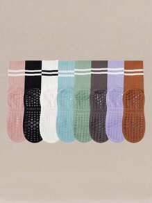 1/4/6 Pairs Women Striped Yoga Sports Socks, Spring/Summer Silicone Non-Slip Fitness Indoor Sports Mid-Calf Socks
