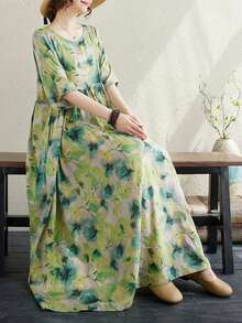 2025夏季新款加大码绿色连衣裙，休闲宽松褶皱单肩连衣裙，波西米亚风度假沙滩裙，女士宽松印花连衣裙，单件随机印花连衣裙 - 綠色 - 查看 3