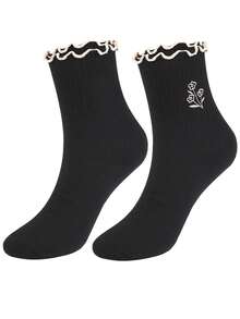 Women Cotton Super Thin Frilly Ruffle Socks Boat Socks Ankle Short Socks - 黑色 - 查看 4