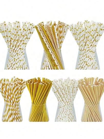 25/100PCS Gold Foil Printed Paper Straws, Multiple Golden Foil Patterns, Party Decorative Straws, Beverage Paper Straws, Suitable For Juice, Milkshake, Summer Cocktail, Graduation Party Supplies