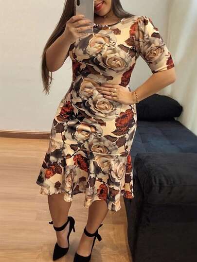 Plus Size Women's Vintage Floral Print Ruffle Dress, Summer Jersey Fabric Crew Neck Polyester And Spandex Midi Dress