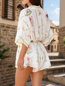 Women's Floral Print Summer Top & Shorts Set, Elegant Waist Tie Jumpsuit, Ideal For Vacation, Casual & Everyday Wear - Multicolor - View 2