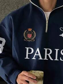 Men's Fashion Simple Paris Letter Graphic Decoration Half-Zip Stand Collar Sweatshirt Minimalist Numeric Print Sleeve Decor, Soft & Comfortable For All Seasons , Fall