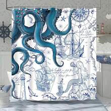 Blue Nautical Octopus Shower Curtain Navy Mermaid Funny Ocean Kraken Shower Curt - 1 - View 1