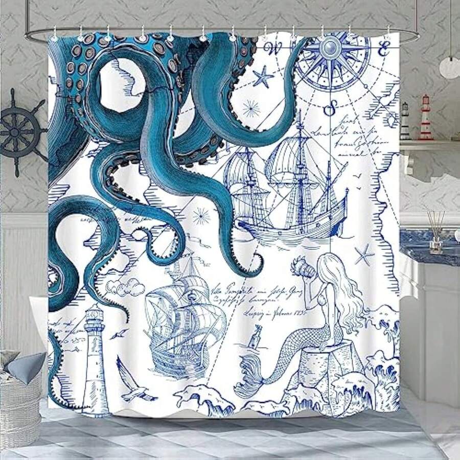 Blue Nautical Octopus Shower Curtain Navy Mermaid Funny Ocean Kraken Shower Curt - 1 - View 1