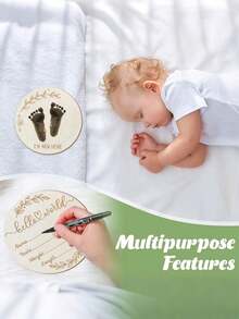3pcs-Baby Bulletin Board, 5.9 Inch Round Baby Nursery Name Plate With Ink Pad, Unique Design For Capturing Baby's Handprints And Footprints, Wooden "Hello World, I'm New Here" Newborn Logo, Use As A Photo Prop, Commemorative Plaque Of Baby's First Birth - Wood Color - View 2