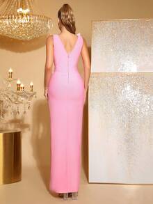Modphy Nouvelle robe de mariée/de soirée longue fendue avec design floral 3D et diamants scintillants, sans manches, pour femmes - Rose bonbon - Voir 7