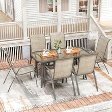 MAMIZO 7 Piece Outdoor Patio Dining Set, Rectangular Tempered Glass Table With Umbrella Hole, 6 Person Patio Table And Chairs Furniture For Backyard - Brown - View 2
