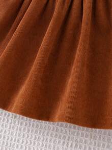 2pcs/Set Baby Girl Black Corduroy Patchwork Dress With Bow Detail, Waisted Bubble Hem Long Sleeve Dress With Bow Headband