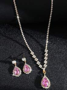 闪亮锆石新娘首饰套装 - 耳环和项链组合，水钻首饰套装