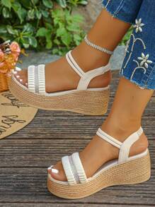 1 par de sandalias de plataforma con cuña y tiras elásticas con aplicación de cristales para adolescentes/niñas, de moda y versátiles