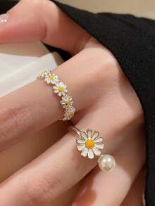 2pcs/Set Cincin Terbuka Dekorasi Bunga Daisy Modis, Cocok untuk Pemakaian Sehari-hari Wanita - MultiWarna - View 1