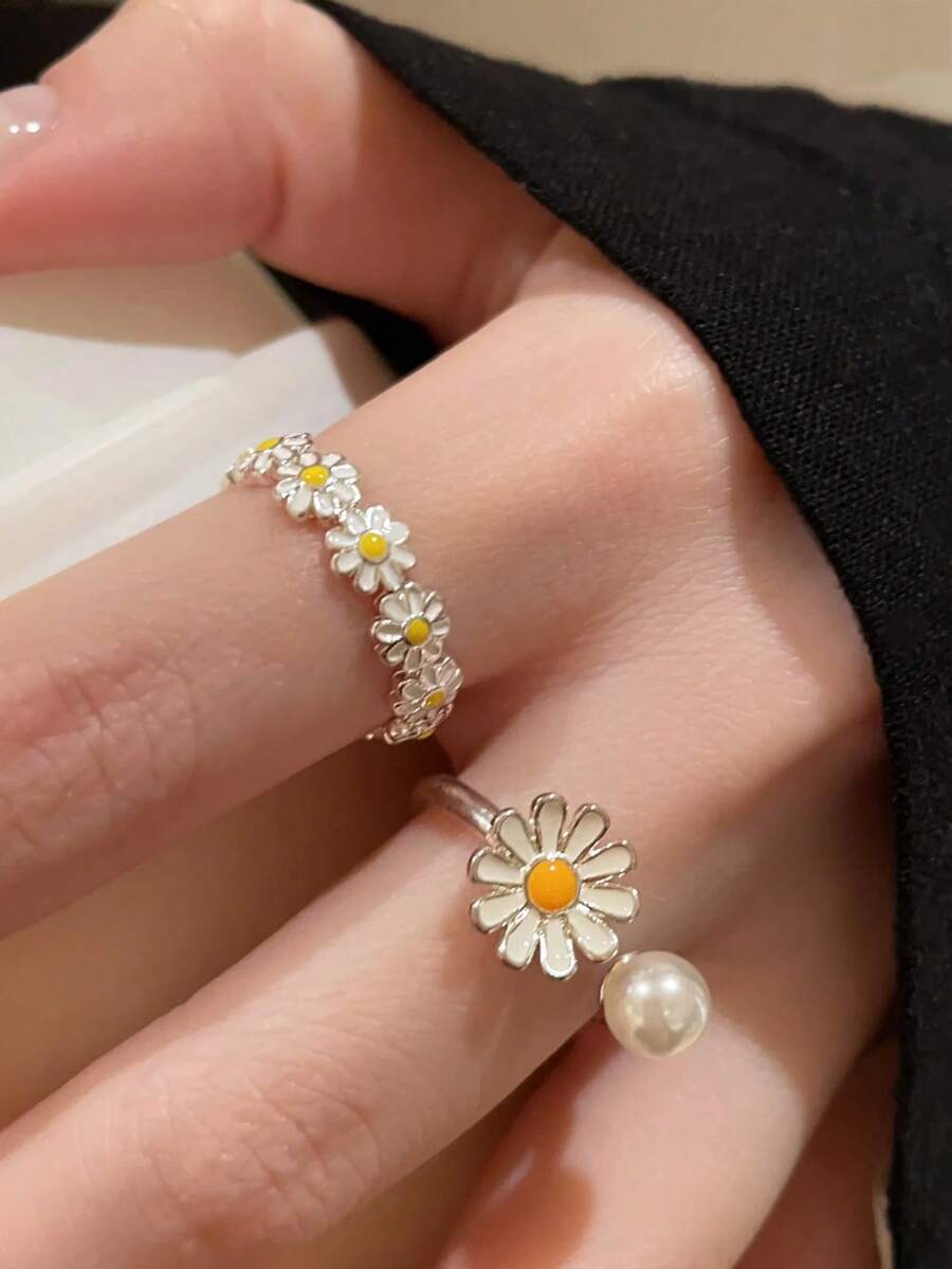 2pcs/Set Cincin Terbuka Dekorasi Bunga Daisy Modis, Cocok untuk Pemakaian Sehari-hari Wanita - MultiWarna - View 1