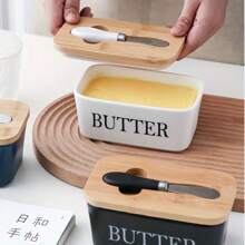 Nordic Minimalist Style Ceramic Butter Dish With Bamboo Lid And Knife - 600ml Airtight Refrigerated Storage Container, Easy To Clean, Perfect For Cheese And Spread Storage, Kitchen Accessory, Butter Storage|Minimalist Kitchenware|Airtight Container