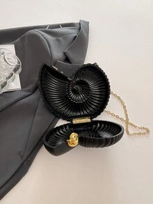 2025金色海螺形单肩包，可拆卸肩带，时尚口红袋，优雅时尚的单肩包，适合晚上外出 - 黑色 - 查看 3