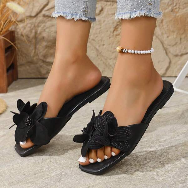 1 Pair Women's Fashion Flower Print Slip-On Slippers, Cute Patch Flat Beach Sandals For Party, Campus, Outdoor, Summer, Spring And Autumn