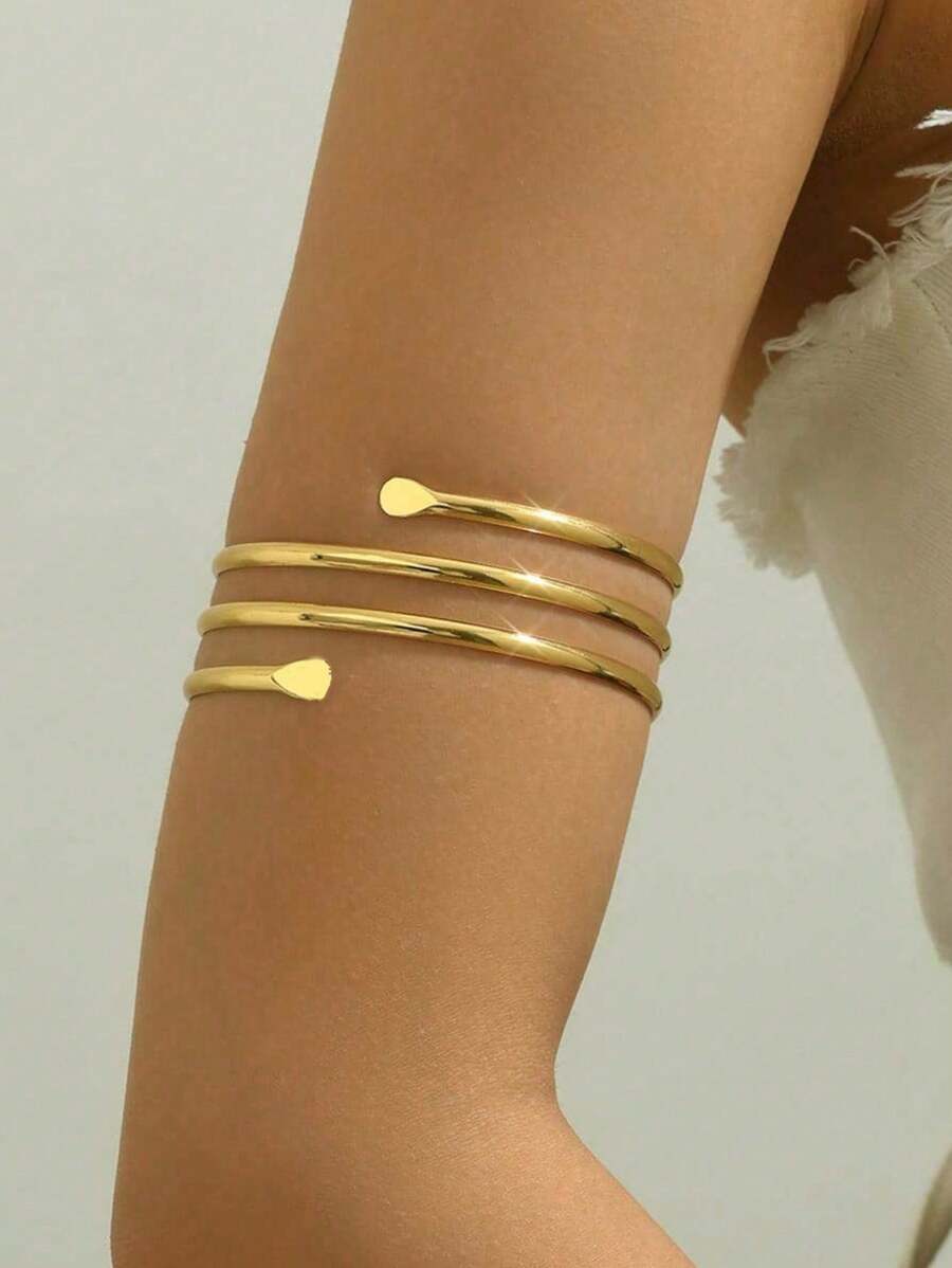 1 Pc Gold Smooth Spiral Arm Cuff, 4 Layers, Simple & Fashionable, Personalized Design, Suitable For Party, Evening Gala, Gift, Daily Wear