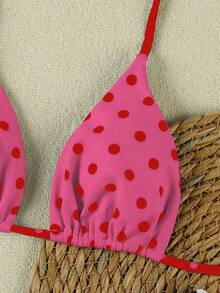 新款春夏性感休闲优雅女士粉色波点挂脖比基尼泳衣套装，适合海滩、度假、约会 - 彩色 - 查看 5