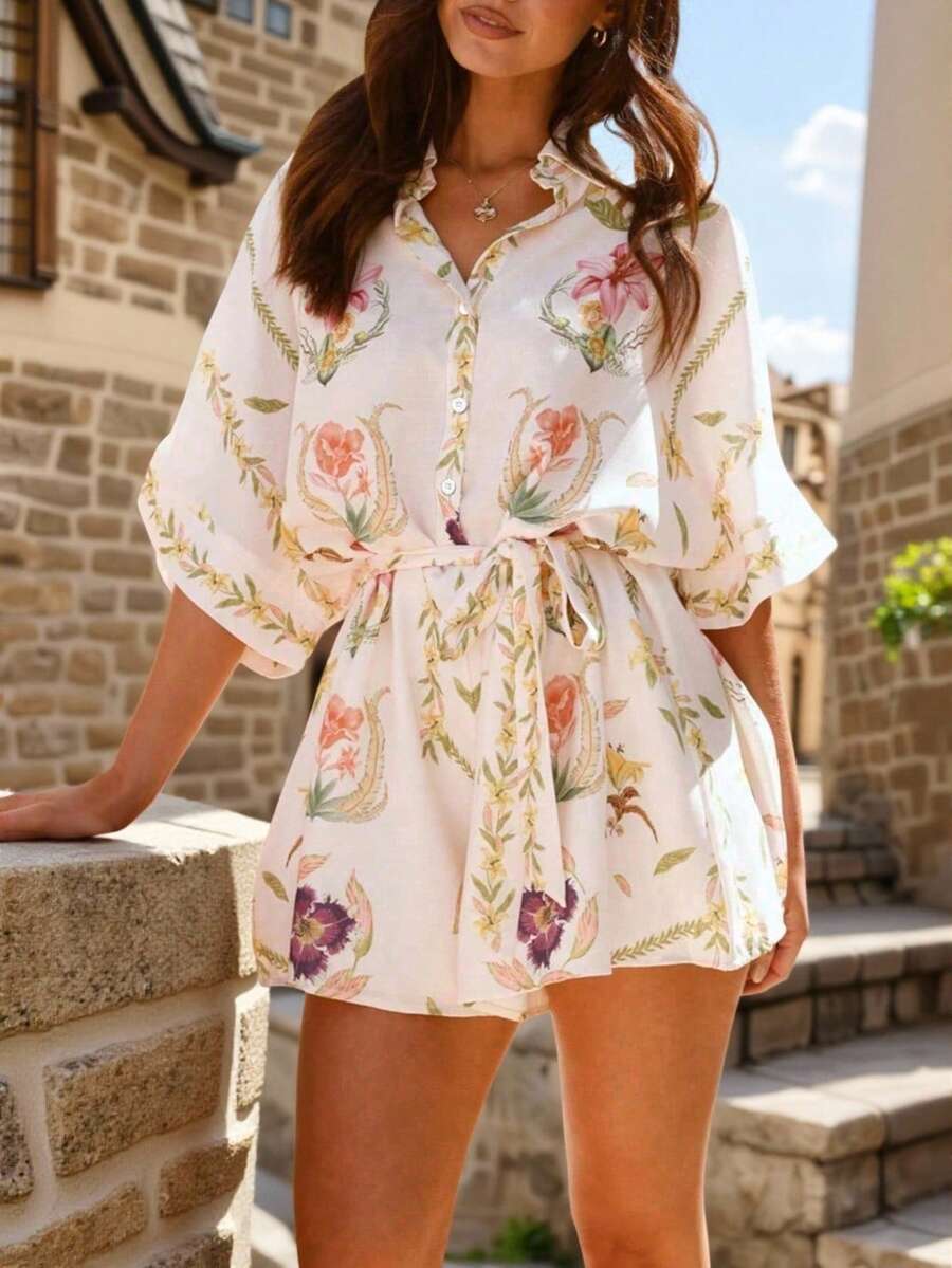 Women's Floral Print Summer Top & Shorts Set, Elegant Waist Tie Jumpsuit, Ideal For Vacation, Casual & Everyday Wear - Multicolor - View 1