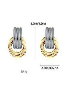 2pcs 18K Gold Plated Stainless Steel Colorblock Knot Design Chunky Jewelry Bohemian Style Hoop Earrings For Women - Two-tone Gold - View 10