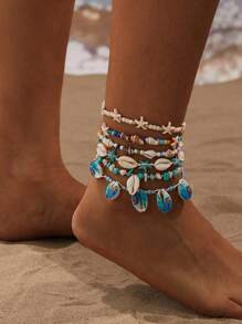 1 o talla grande sets de tobilleras de elementos marinos, con colgantes pequeños de conchas, estrellas de mar y conchas, tobilleras personalizadas y de moda con múltiples elementos ajustables, apropiadas para usarse en verano, vacaciones en la playa y natación