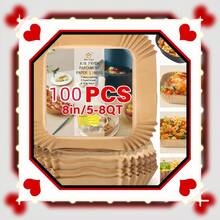 100 قطعة ورق خبز لقلاية الهواء، بطانات للقلي بالهواء، ورق زبدة لقلاية الهواء، بطانات قابلة للتخلص منها لقلاية الهواء، ورق لقلاية الهواء، صينية خبز مربعة ودائرية 8 و 6.3 بوصة، مناسبة للميكروويف والفرن والشوي والخبز