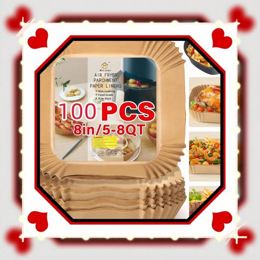 100 قطعة ورق خبز لقلاية الهواء، بطانات للقلي بالهواء، ورق زبدة لقلاية الهواء، بطانات قابلة للتخلص منها لقلاية الهواء، ورق لقلاية الهواء، صينية خبز مربعة ودائرية 8 و 6.3 بوصة، مناسبة للميكروويف والفرن والشوي والخبز