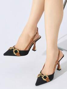 Women's Vintage Floral Design Chain Decor Pointed Toe Ankle Strap Thick High Heel Pumps, Elegant And Comfortable For Outdoor Daily, Commuting, Party, Festival Wear, Black And Brown Color, Spring/Summer/Autumn/Winter,Elegant - Black - View 3