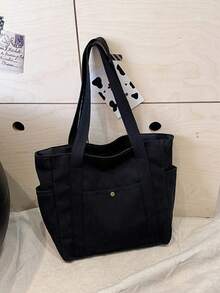 1 pieza Bolso de lona de gran capacidad, bolso de hombro con múltiples bolsillos, adecuado para la escuela, el trabajo, los viajes, las compras, diseño portátil con portavasos, bolso para ir y venir - Negro - Ver 6