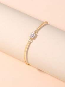 1pc Simple Dainty Golden Bar With Oval CZ Bracelet For Women Thin Cuff Bangle Hook Bracelet Handmade Minimalist Jewelry - 金黃色 - 查看 2