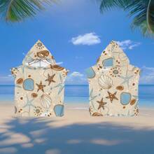 1 pieza Toalla de playa con capucha con elementos oceánicos, manta de playa de microfibra supersuave y envolvente de playa convertible, diseño de 4 botones que se puede desabrochar para convertirla en manta, súper absorbente, apta para viajes, piscina, buceo, surf, yoga, campamento, disponible en tallas para adultos y niños, de vuelta al colegio