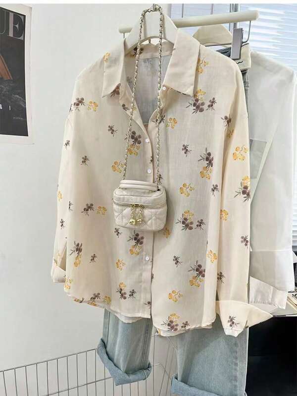 Plus Size Women's Ditsy Floral Lapel Button Down Long Sleeve Casual Blouse, Suitable For Spring And Autumn
