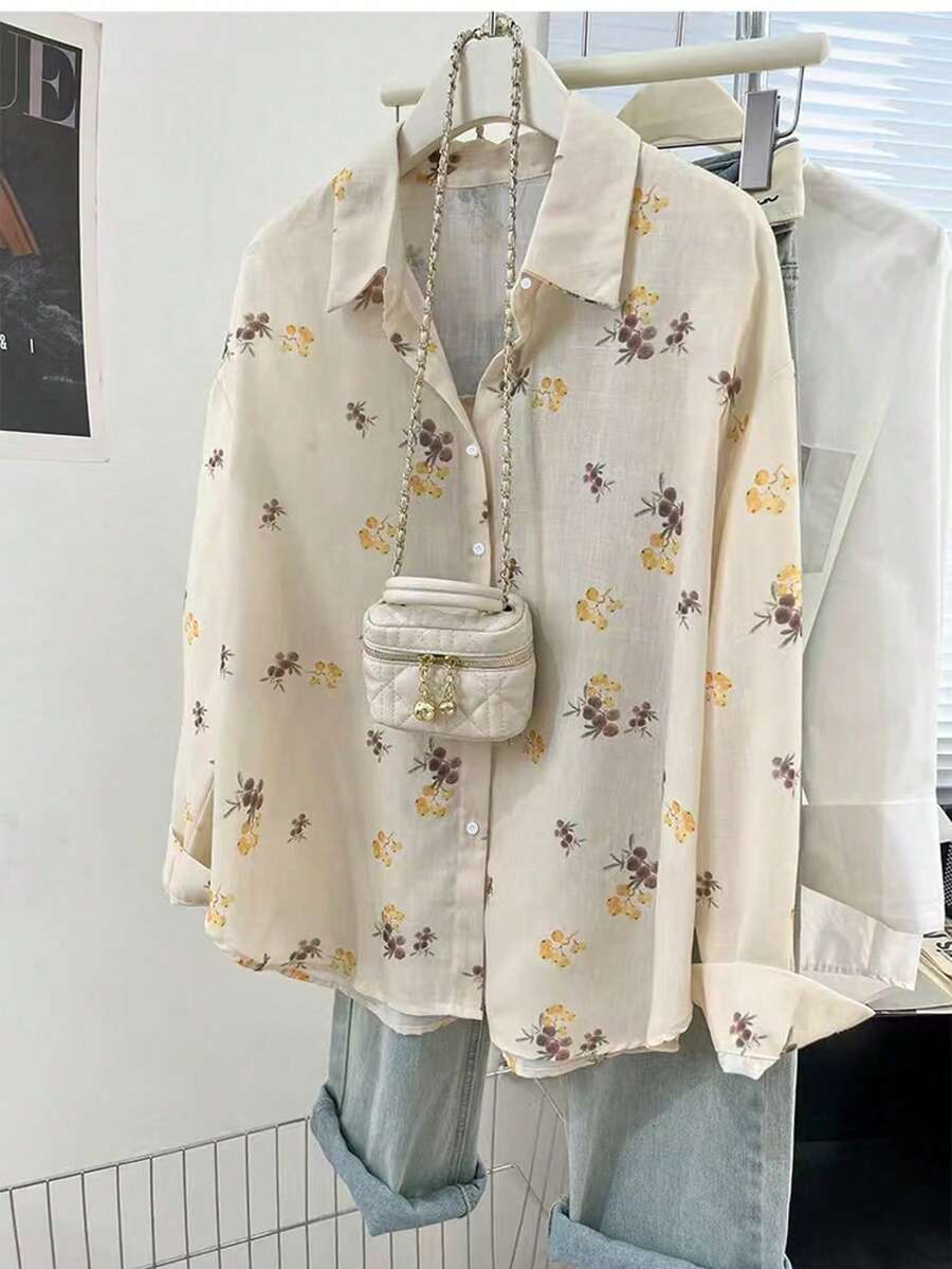 大码女式碎花长袖开衫，春秋季新款休闲宽松衬衫夹克 - 黃色 - 查看 1