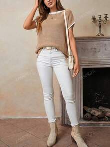 Áo len dệt kim tay cánh dơi màu khối cỡ lớn cho nữ, áo len cardigan chắp vá màu tương phản, áo ba lỗ không tay cho mùa hè và mùa xuân - Màu Khaki - Xem 7