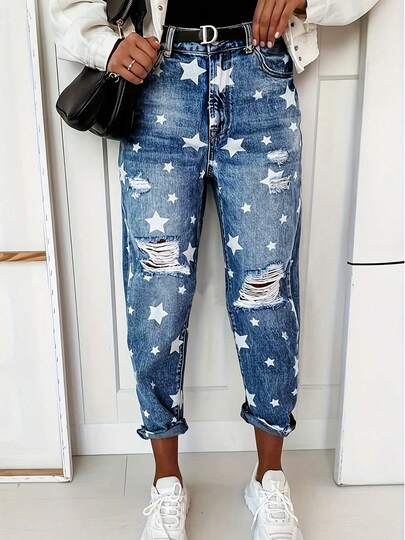 1 pieza Jeans de cintura alta ajustable y versátil para mujer con estampado de estrella desgastado y lavado, sin estiramiento, talla grande, nueva llegada 2025, jeans con estampado de estrella de moda y caliente