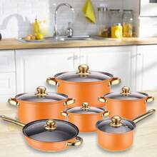 Set de Cocina de Acero Inoxidable de 12 Piezas, Set de Cocina de Acero Inoxidable, Set de Cocina Multiusos, Set de Cocina Completamente Envuelto con Tapa de Vidrio con Mango Térmico, Apto para Lavavajillas, Diseñado Ergonómicamente - Naranja - Ver 1