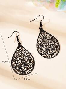 1 Pair Retro Hollow Black Flower Pattern Water Drop Earrings Party Daily Prom Jewelry Best Friends Gift - Black - View 3