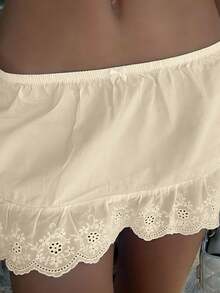Women Eyelet Lace Trim Mini Skirt Low Rise Elastic Waist Summer Casual A Line Fairycore Y2k Short Skirts Underskirts - 黃色 - 查看 2