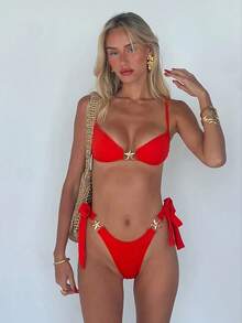 2025 New Spring Summer Sexy Red Bikini Two-Piece Set, Chest Metal Buckle Design Red Sexy Bikini Two-Piece Swimsuit - 紅色 - 查看 1