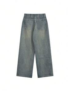 女式宽松口袋阔腿休闲牛仔裤 - 藍色 - 查看 7