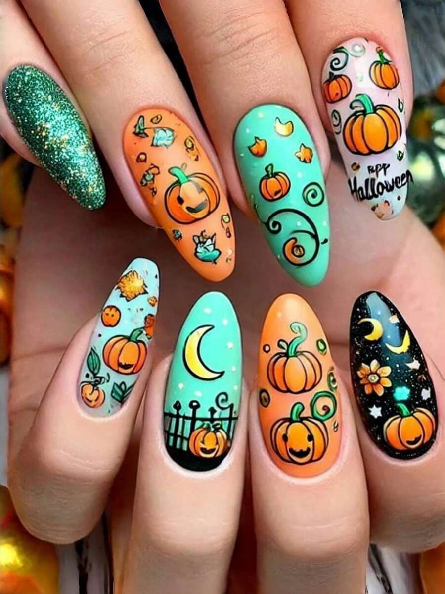 24PCS/1BOX Cute Pumpkin Almonds Halloween Stars And Moon Cute Pumpkin Pressing Fake Nails Press On Nail - Multicolor - View 1