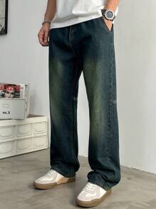 Jeans rectos holgados con lavado vintage para hombres, de moda y versátiles