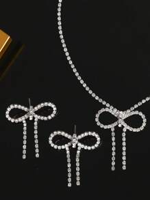 3 pezzi Set di collana girocollo e orecchini con fiocco di cristallo e strass per donne, orecchini a fiocco in argento e zirconia luccicanti per spose, matrimoni, feste e accessori eleganti per San Valentino