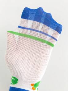 5 双儿童网眼袜，白色、绿色、蓝色、卡通恐龙、火箭、条纹、字母图案，休闲运动风格，适合春夏季，学生短袜，日常穿着，返校穿着，搭配休闲鞋或运动鞋 - 彩色 - 查看 10