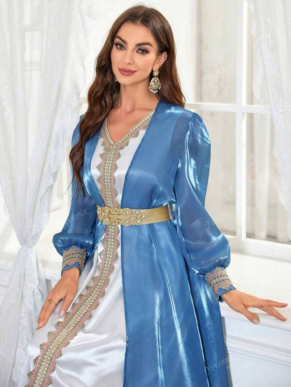 Women V-Neck Sleeveless Lace Elegant White Slit Dress With Detachable Belt And Arab Style Outer Shawl Two Pieces Set