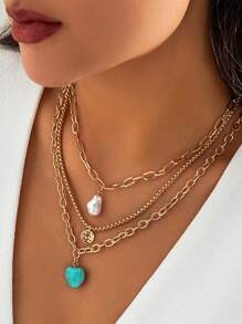 3pcs/Set Fashionable Vintage Turquoise Heart Pendant Baroque Faux Pearl Pendant Necklace Jewelry Set, Suitable For Women's Daily Wear, Decor, Vacation, Party, Music Festival. The Handmade Necklace Length Is Customizable By Cutting The Chain